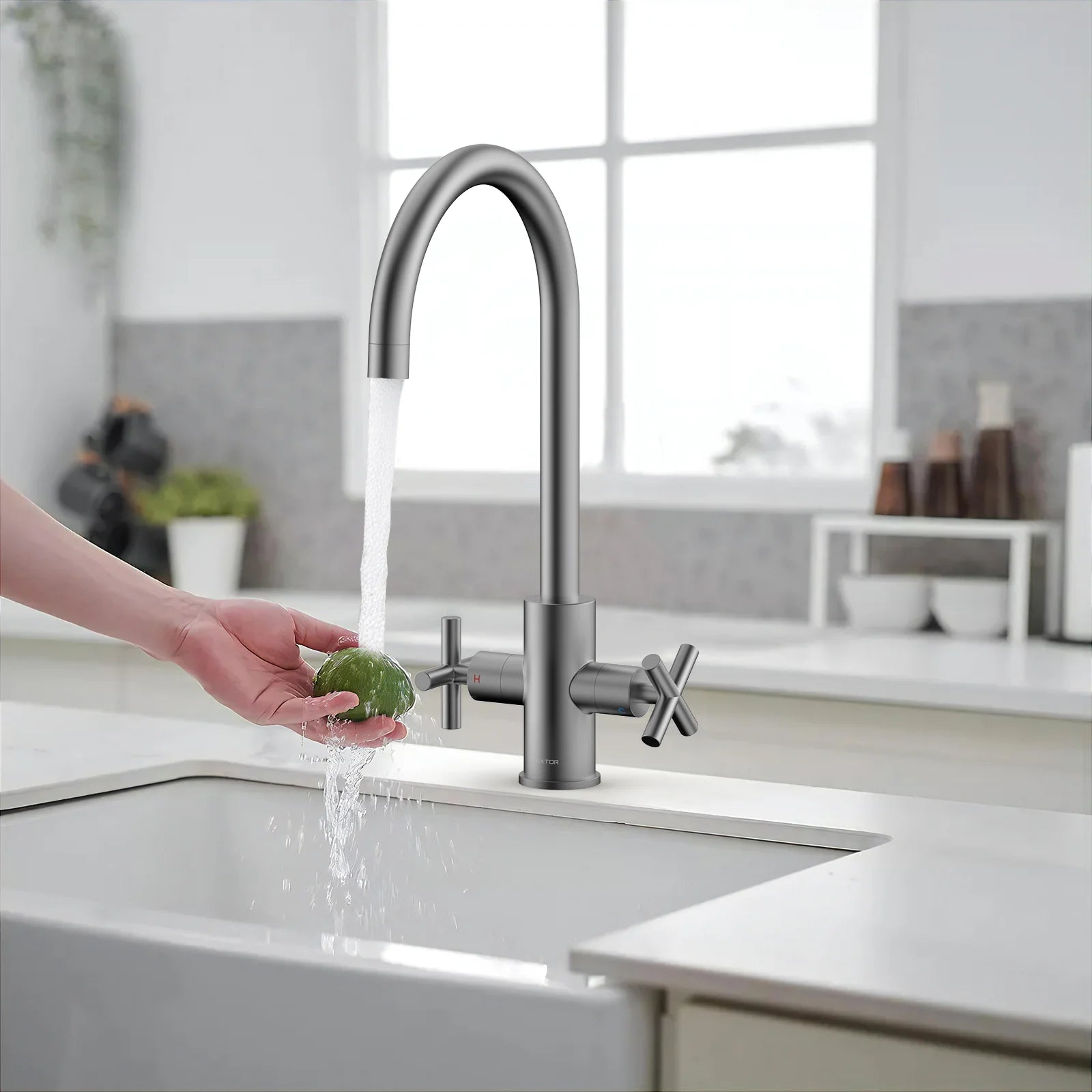 Dual-Handle Cross-Handle High-Arc Swivel Kitchen Faucet – Spot-Free Finish, Solid Brass –KFB1121