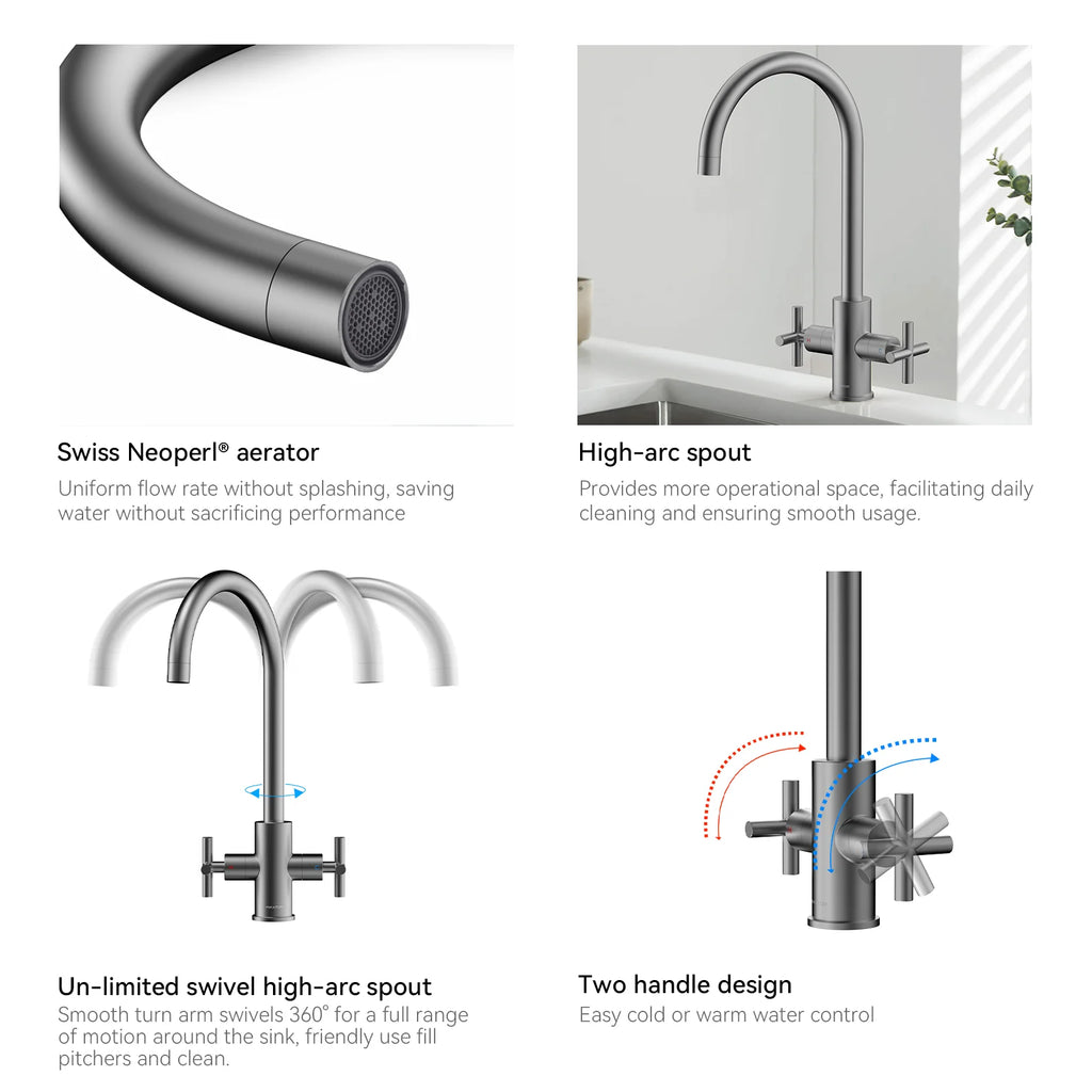 Dual-Handle Cross-Handle High-Arc Swivel Kitchen Faucet – Spot-Free Finish, Solid Brass –KFB1121