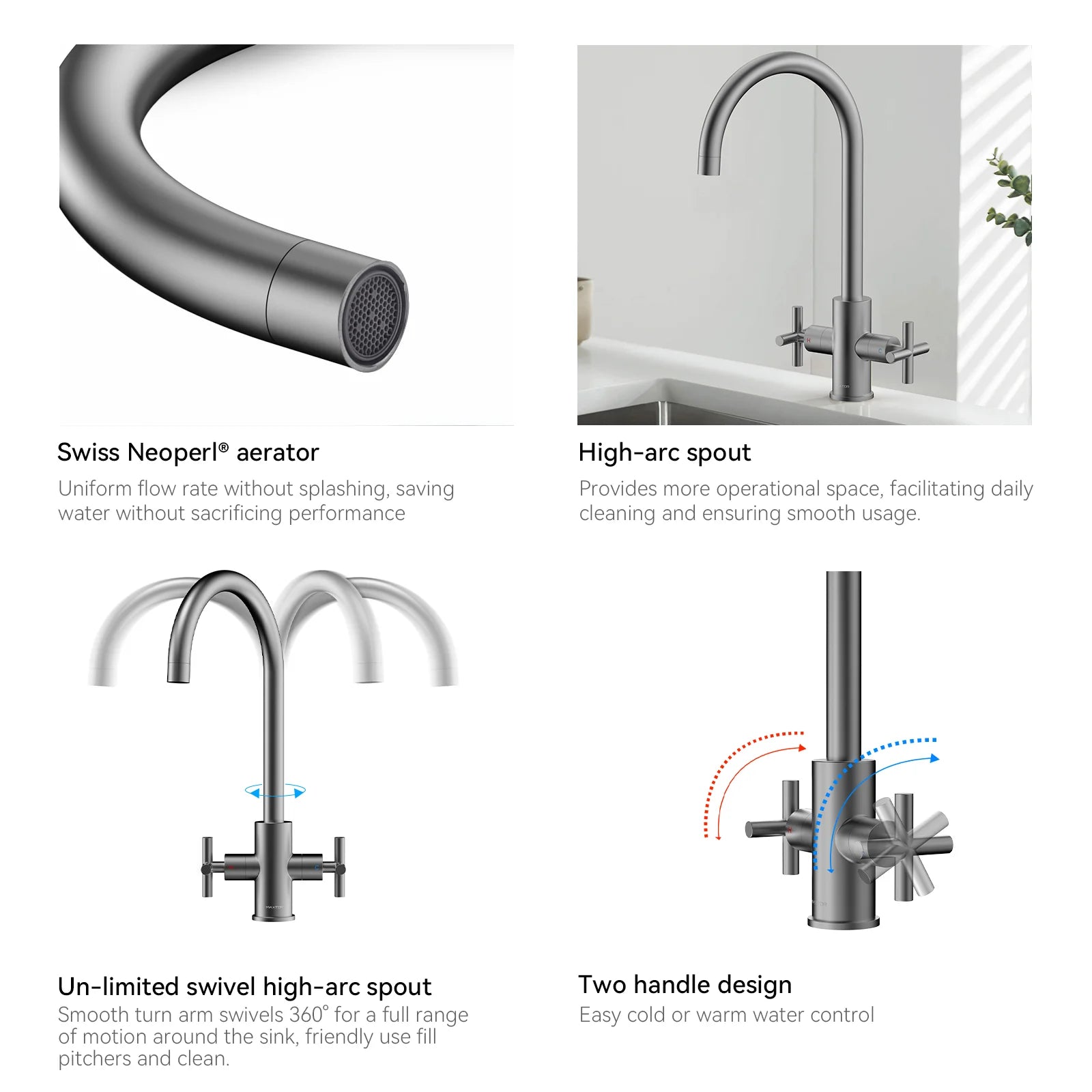 Dual-Handle Cross-Handle High-Arc Swivel Kitchen Faucet – Spot-Free Finish, Solid Brass –KFB1121