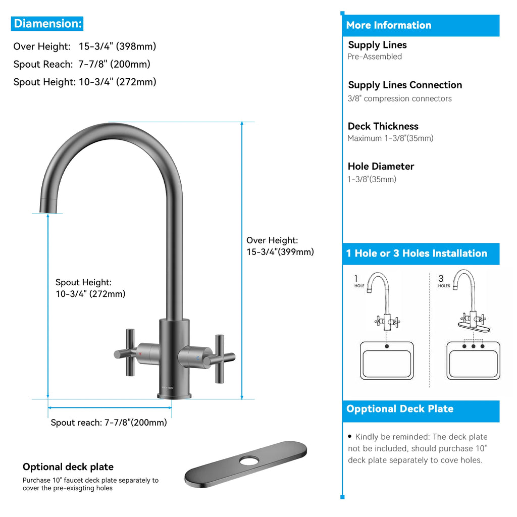 Dual-Handle Cross-Handle High-Arc Swivel Kitchen Faucet – Spot-Free Finish, Solid Brass –KFB1121