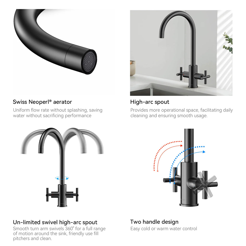 Dual-Handle Cross-Handle High-Arc Swivel Kitchen Faucet – Spot-Free Finish, Solid Brass –KFB1121