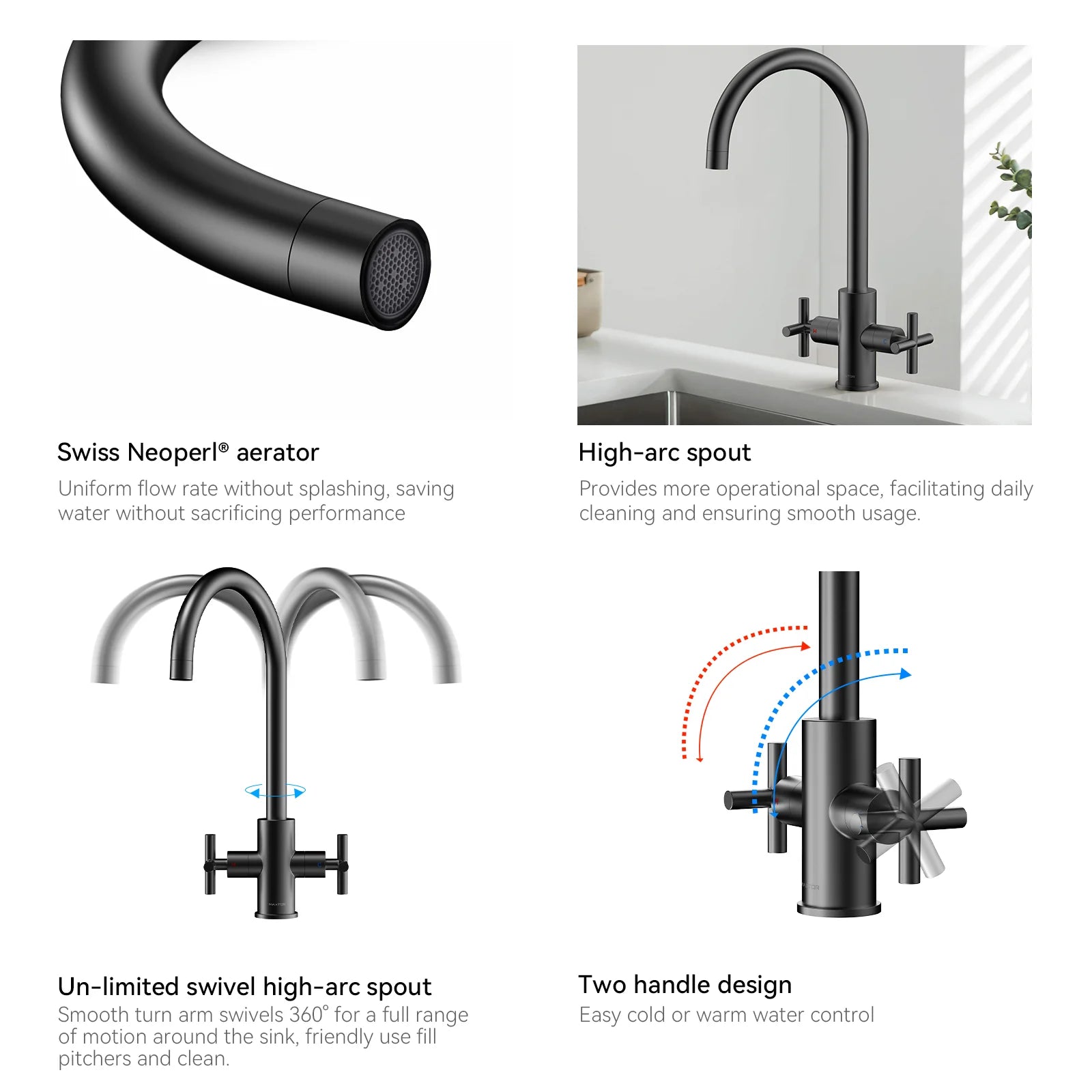 Dual-Handle Cross-Handle High-Arc Swivel Kitchen Faucet – Spot-Free Finish, Solid Brass –KFB1121