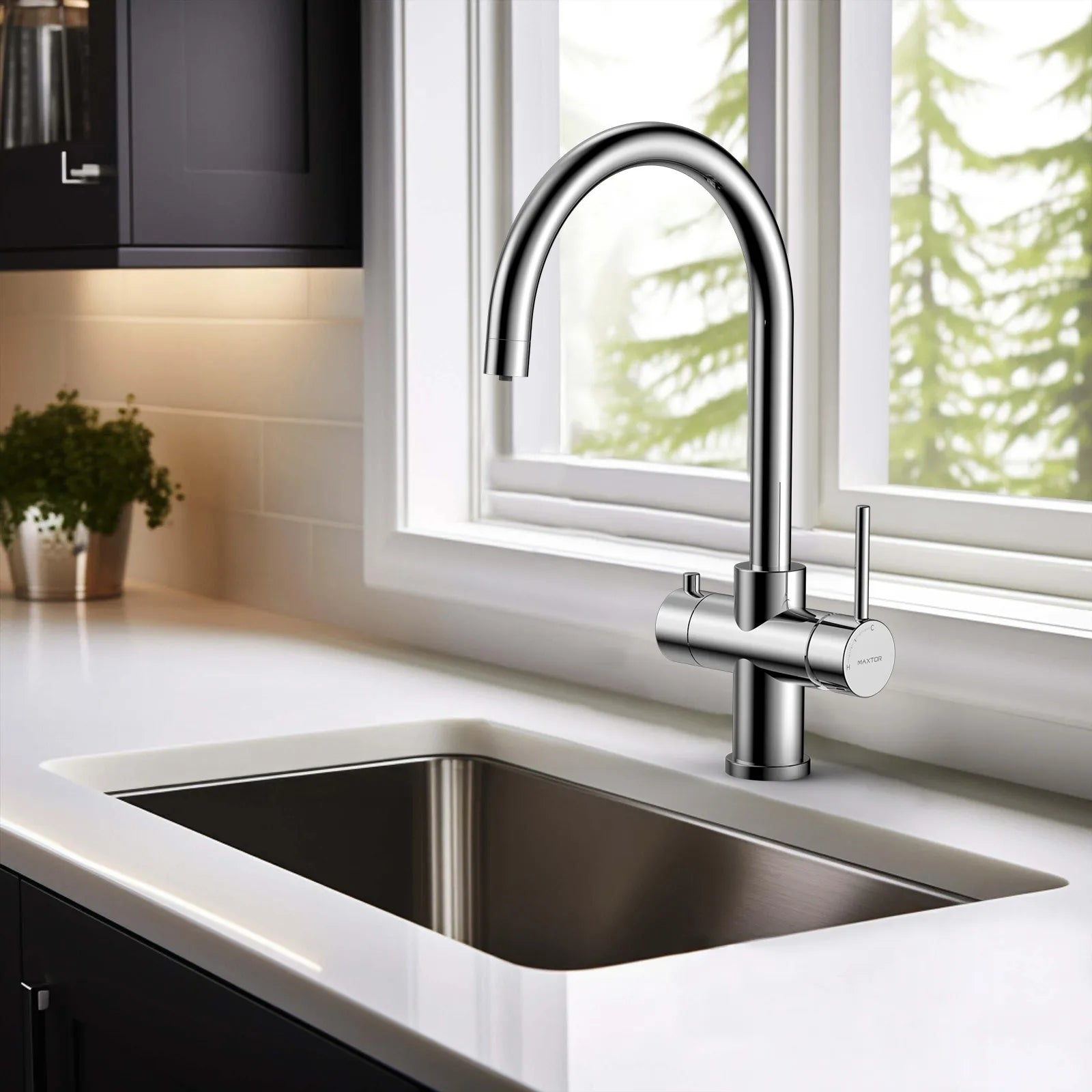 Dual-Output Kitchen Faucet with Filtered Water Tap, 2-Function Spray, Solid Brass – KFB1502