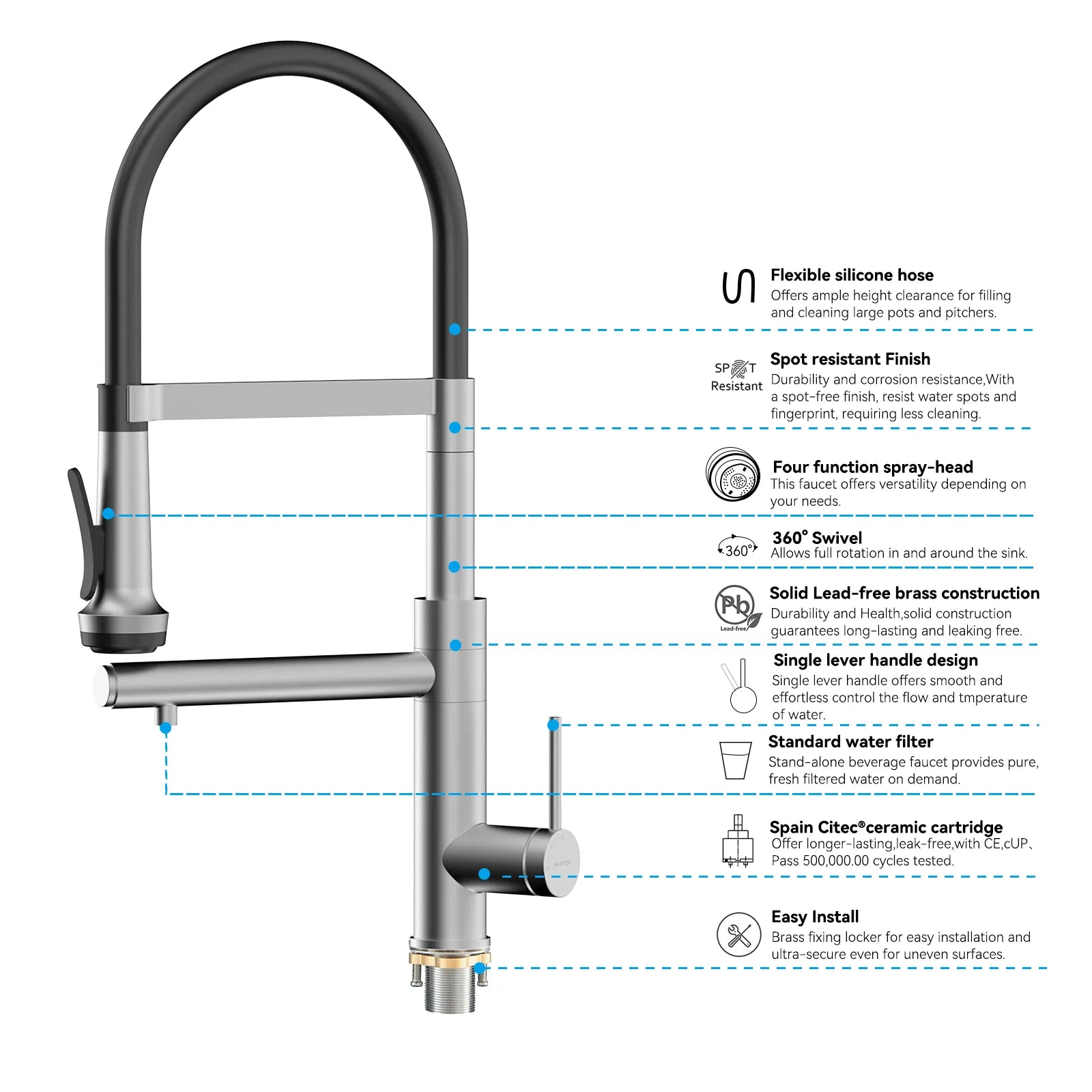 5-Function Solid Brass Pull-Out Kitchen Faucet with Filtered Water Tap – KFB1504