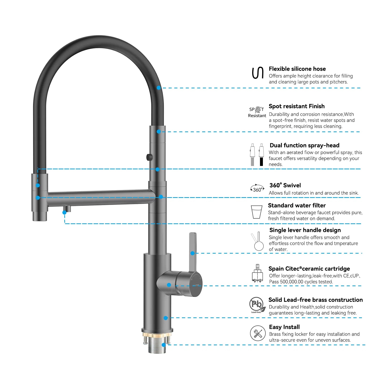 Semi-Pro Solid Brass Pull-Out Kitchen Faucet with Filtered Water Tap – 3-Function Sprayer – KFB1506