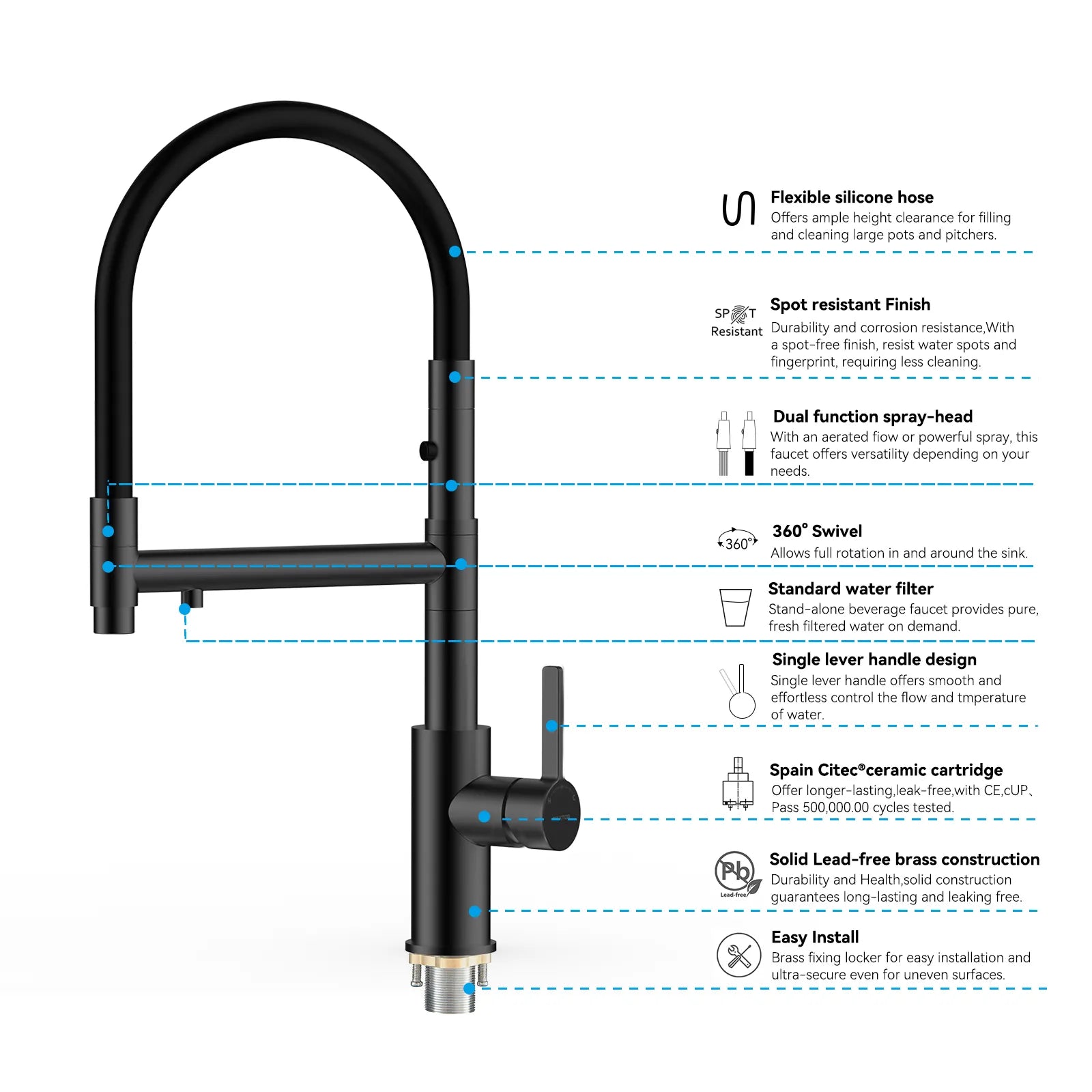 Semi-Pro Solid Brass Pull-Out Kitchen Faucet with Filtered Water Tap – 3-Function Sprayer – KFB1506