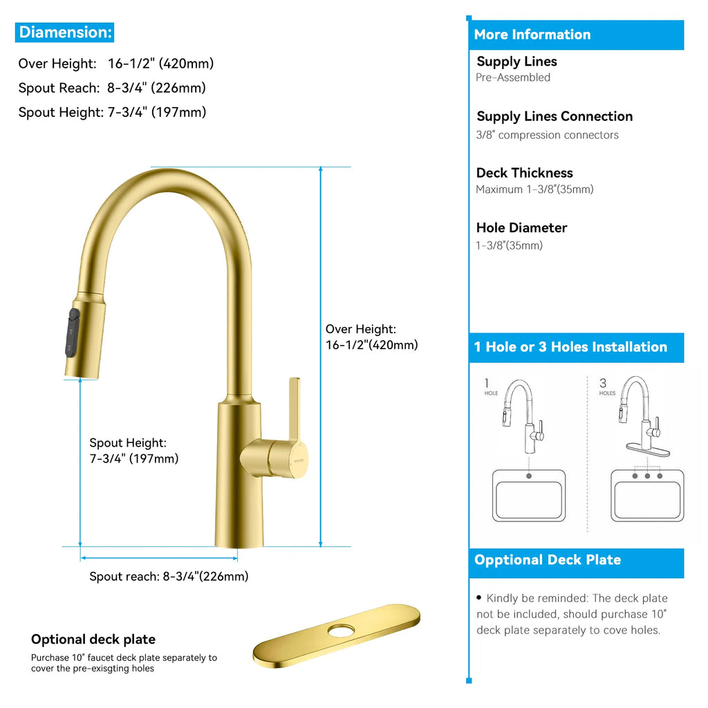 Solid Brass Pull-Down Kitchen Faucet – 4-Function Spray Head – KFB1510