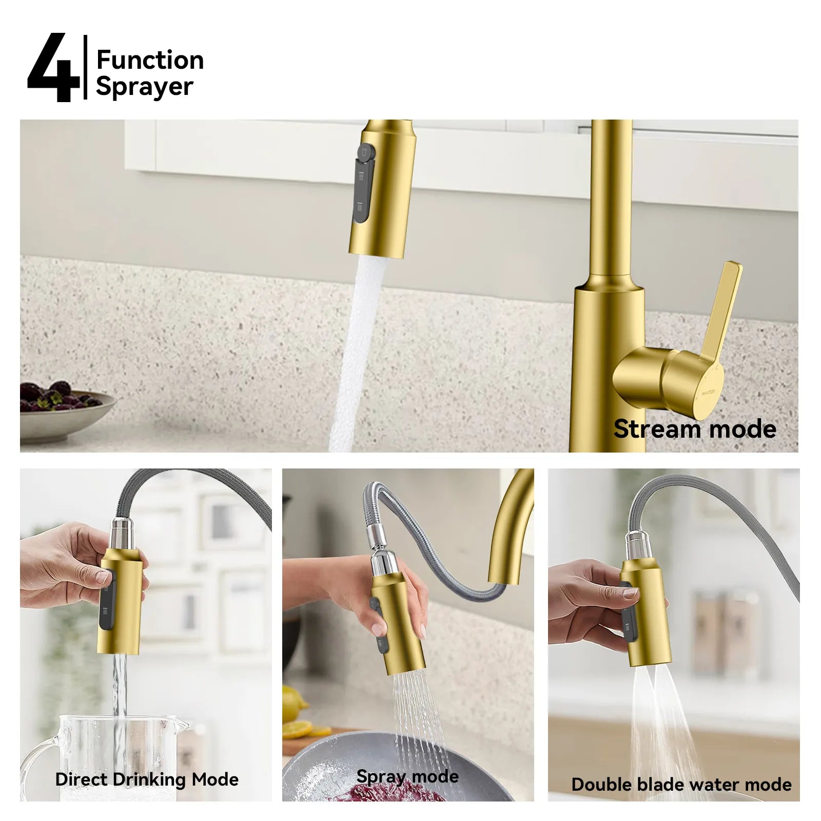 Solid Brass Pull-Down Kitchen Faucet – 4-Function Spray Head – KFB1510