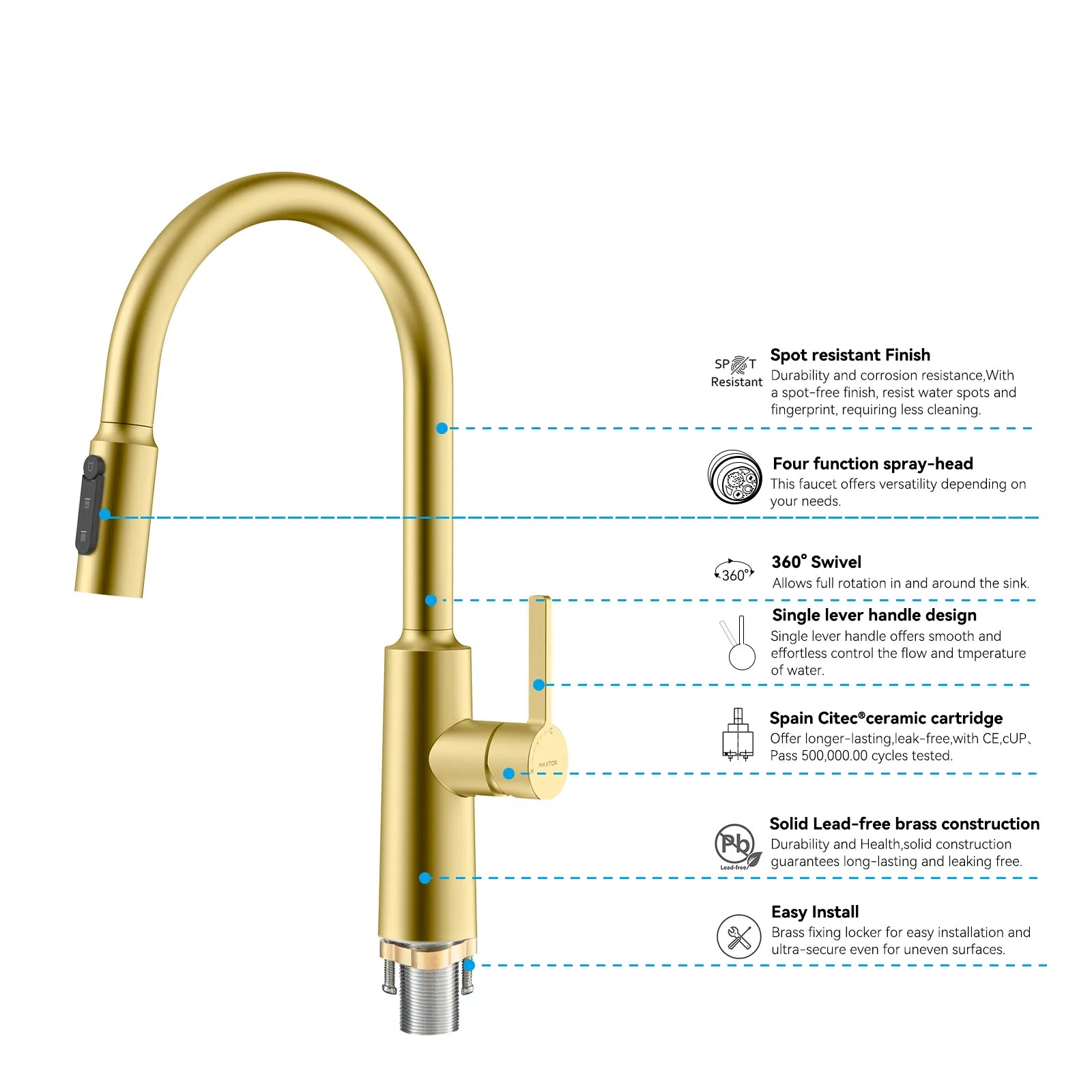 Solid Brass Pull-Down Kitchen Faucet – 4-Function Spray Head – KFB1510