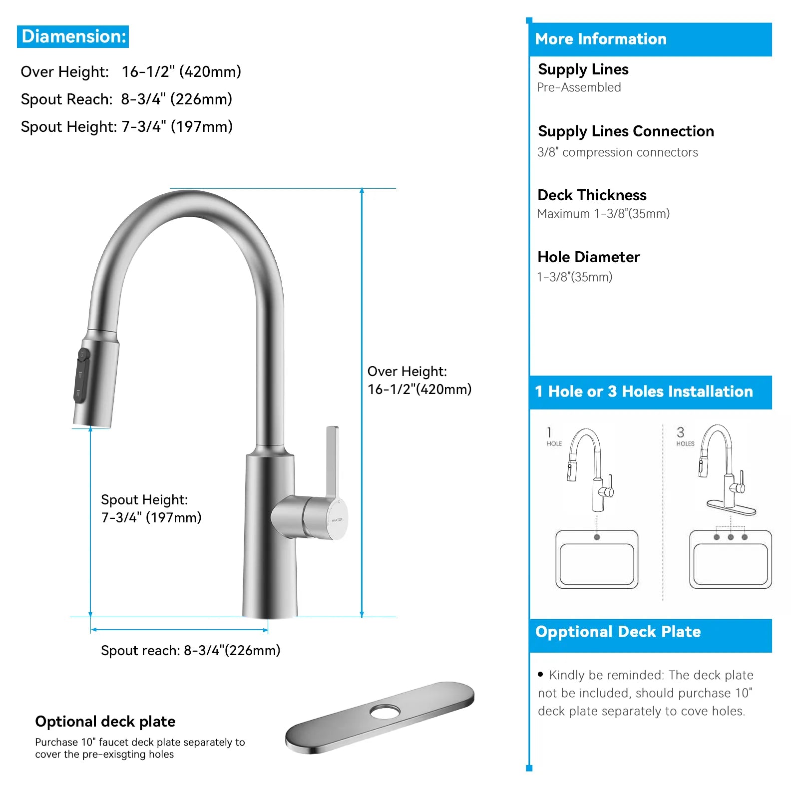 Solid Brass Pull-Down Kitchen Faucet – 4-Function Spray Head – KFB1510