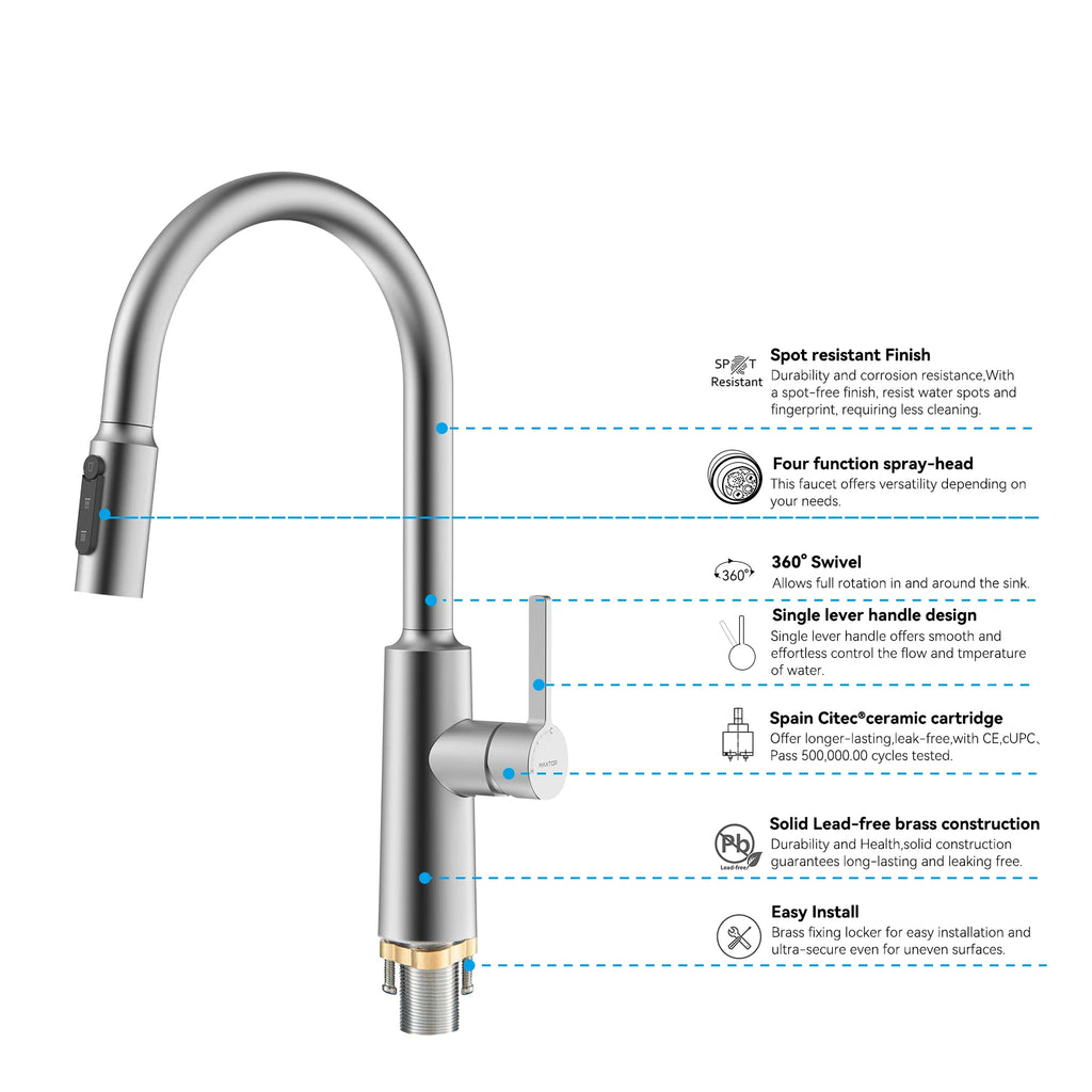 Solid Brass Pull-Down Kitchen Faucet – 4-Function Spray Head – KFB1510