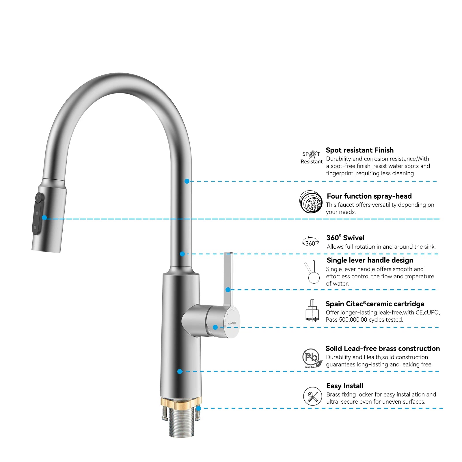 Solid Brass Pull-Down Kitchen Faucet – 4-Function Spray Head – KFB1510