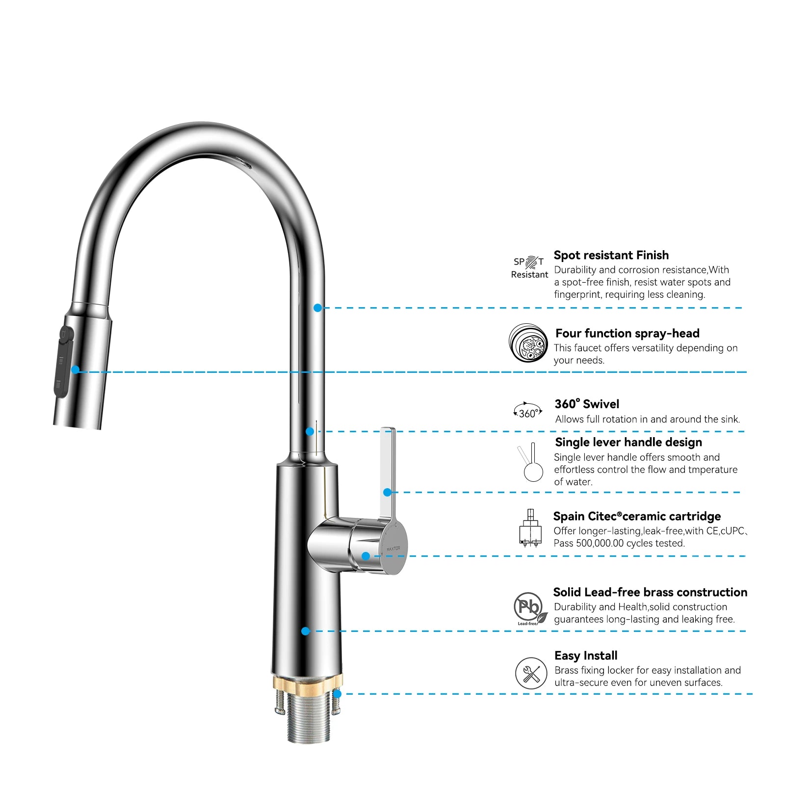 Solid Brass Pull-Down Kitchen Faucet – 4-Function Spray Head – KFB1510