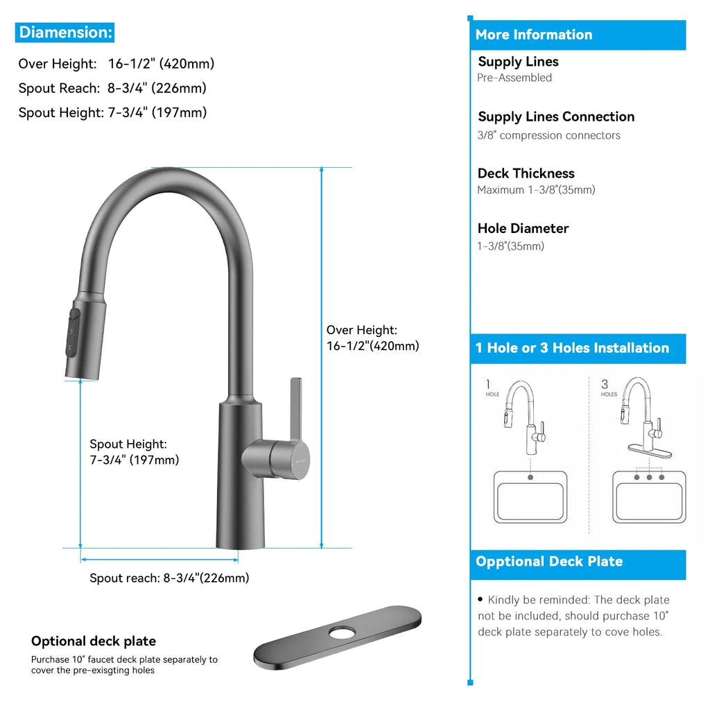 Solid Brass Pull-Down Kitchen Faucet – 4-Function Spray Head – KFB1510