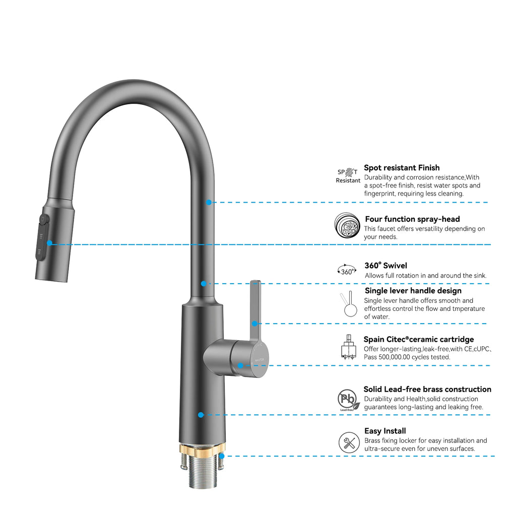 Solid Brass Pull-Down Kitchen Faucet – 4-Function Spray Head – KFB1510
