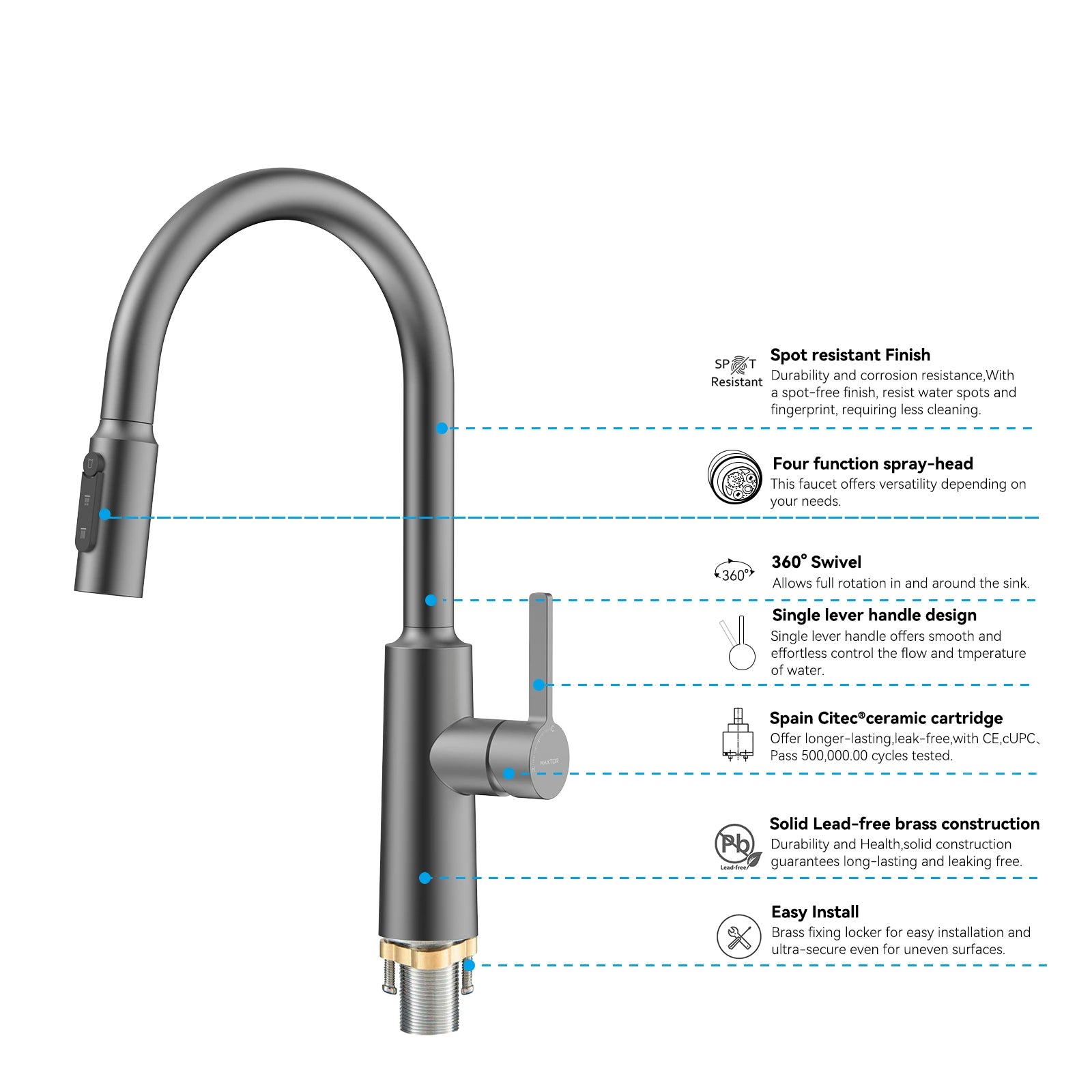 Solid Brass Pull-Down Kitchen Faucet – 4-Function Spray Head – KFB1510