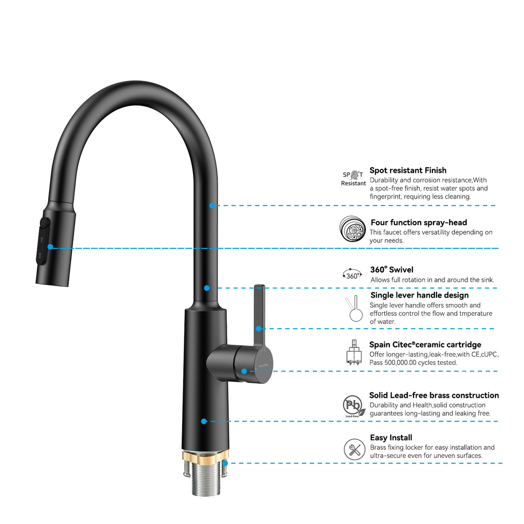 Solid Brass Pull-Down Kitchen Faucet – 4-Function Spray Head – KFB1510