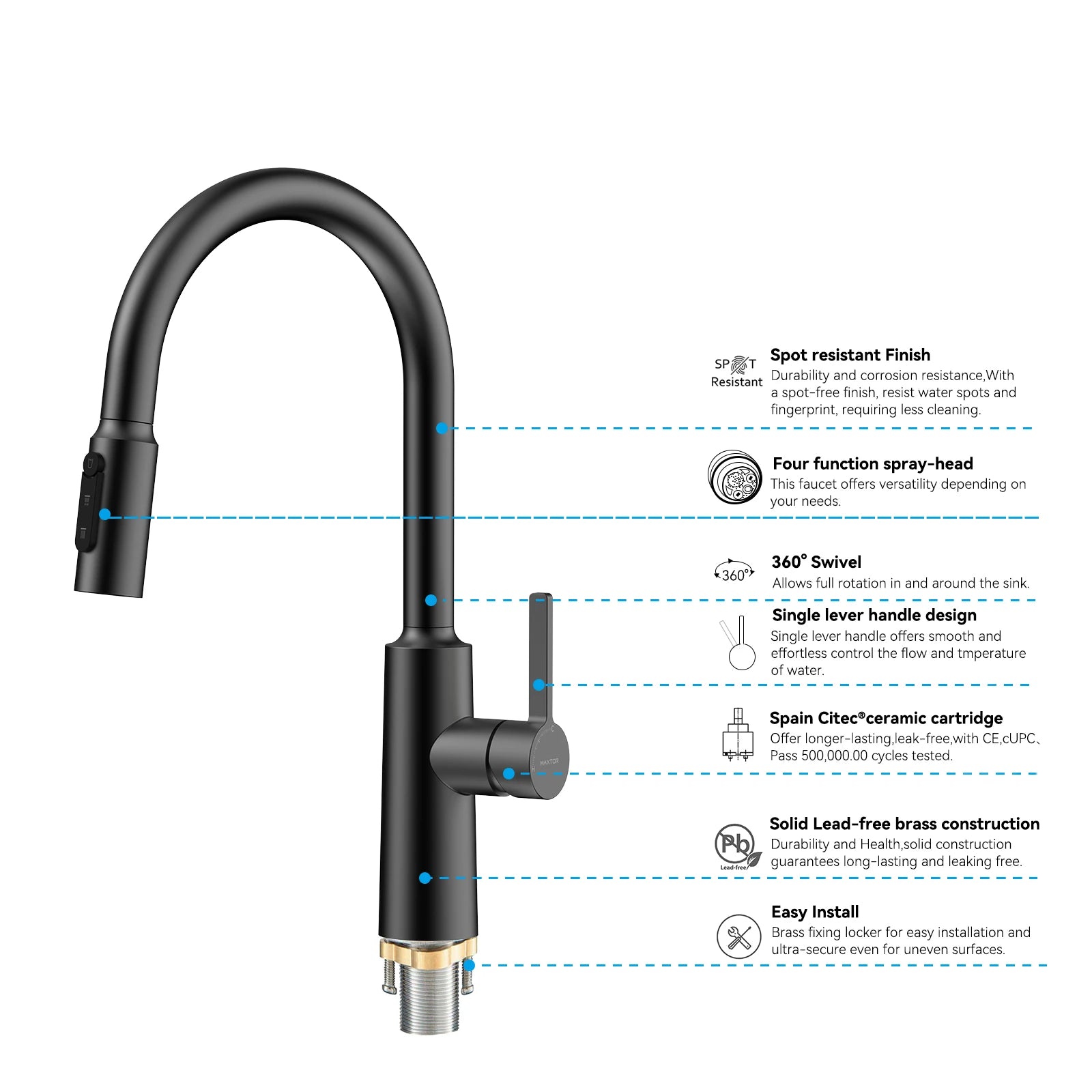 Solid Brass Pull-Down Kitchen Faucet – 4-Function Spray Head – KFB1510