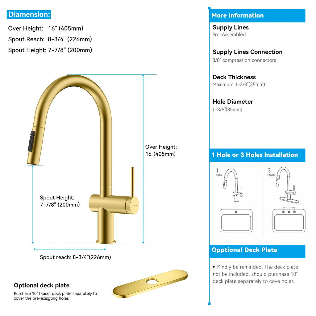 Solid Brass Pull-Down Kitchen Faucet – 3-Function Spray Head – KFB1511