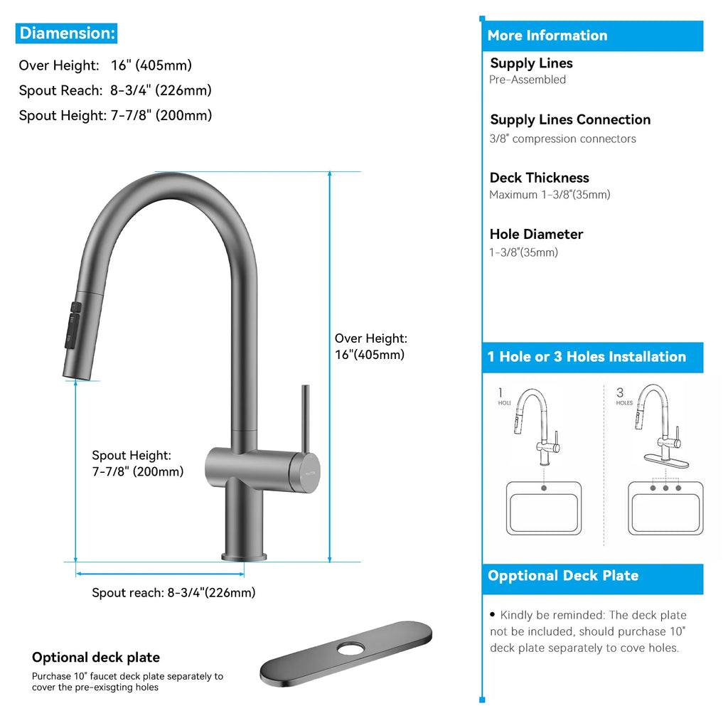Solid Brass Pull-Down Kitchen Faucet – 3-Function Spray Head – KFB1511