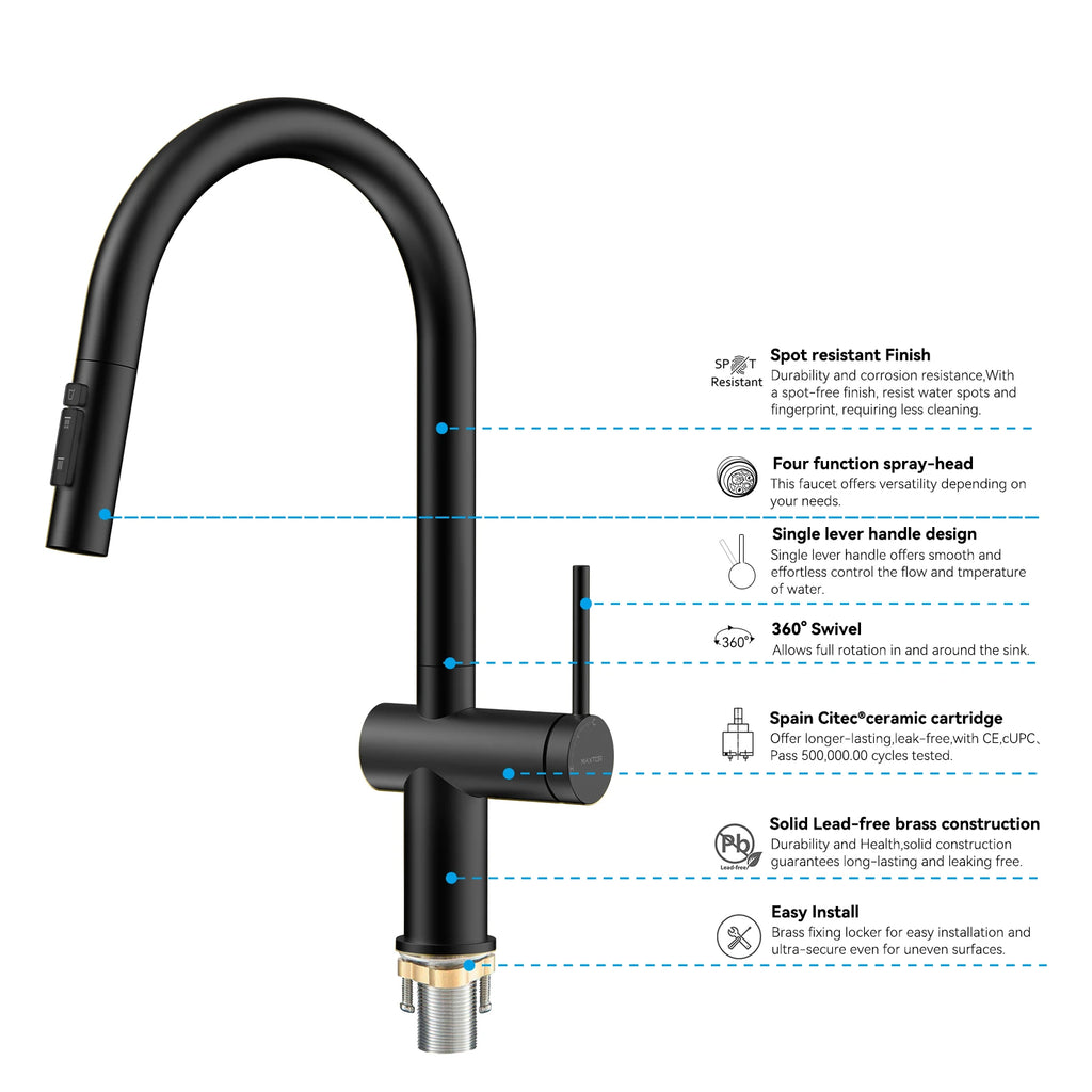 Solid Brass Pull-Down Kitchen Faucet – 3-Function Spray Head – KFB1511