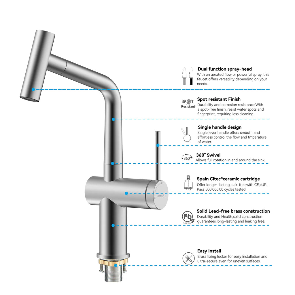 Solid Brass Dual-Function Pull-Down Kitchen Faucet – Single Handle Mixer – KFB1806