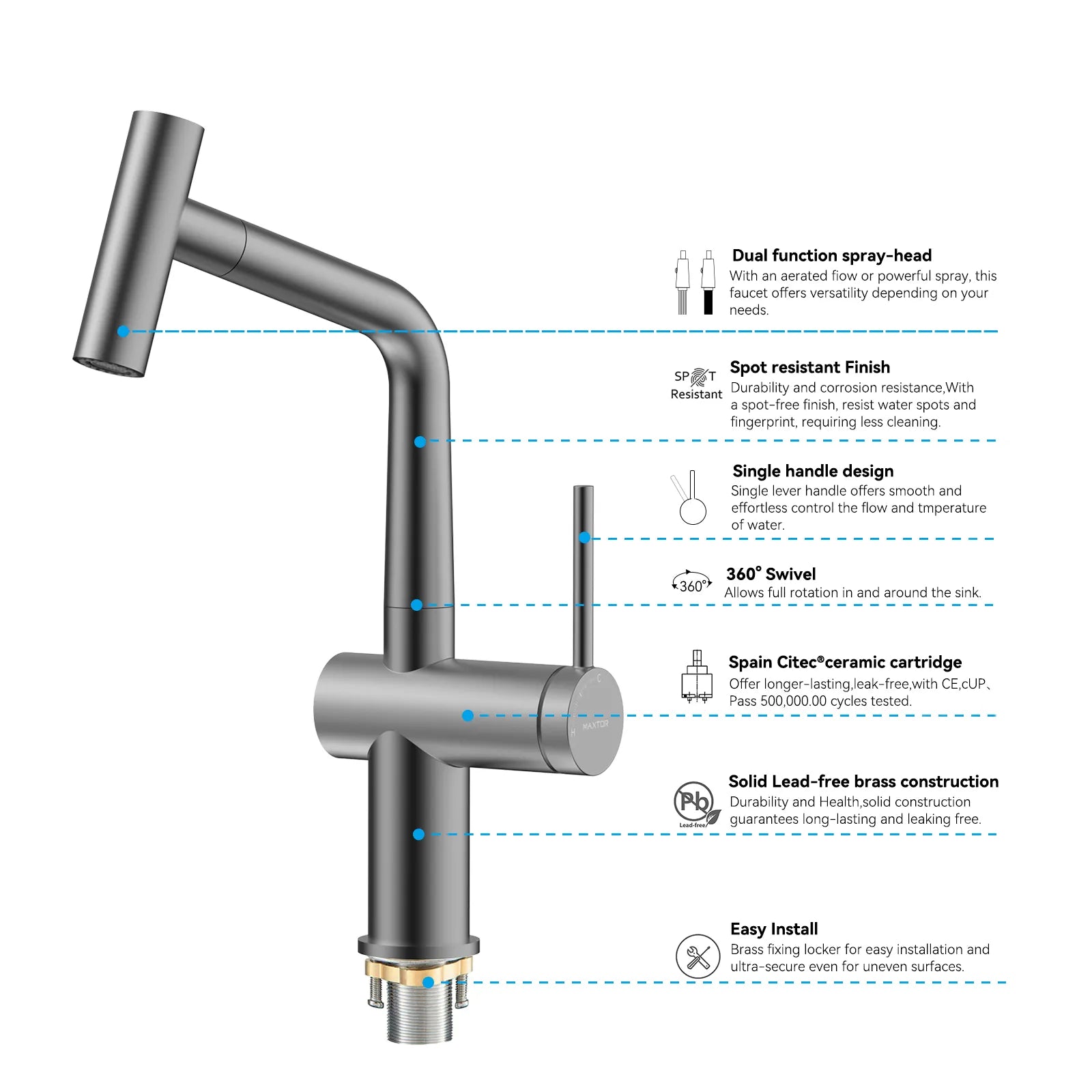 Solid Brass Dual-Function Pull-Down Kitchen Faucet – Single Handle Mixer – KFB1806