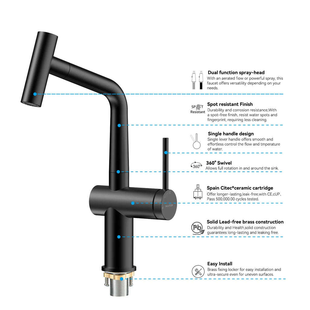 Solid Brass Dual-Function Pull-Down Kitchen Faucet – Single Handle Mixer – KFB1806