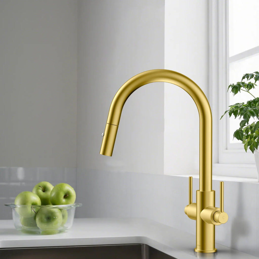 Solid Brass Dual-Handle Pull-Down Kitchen Faucet – Dual Function Spray – KFB2021