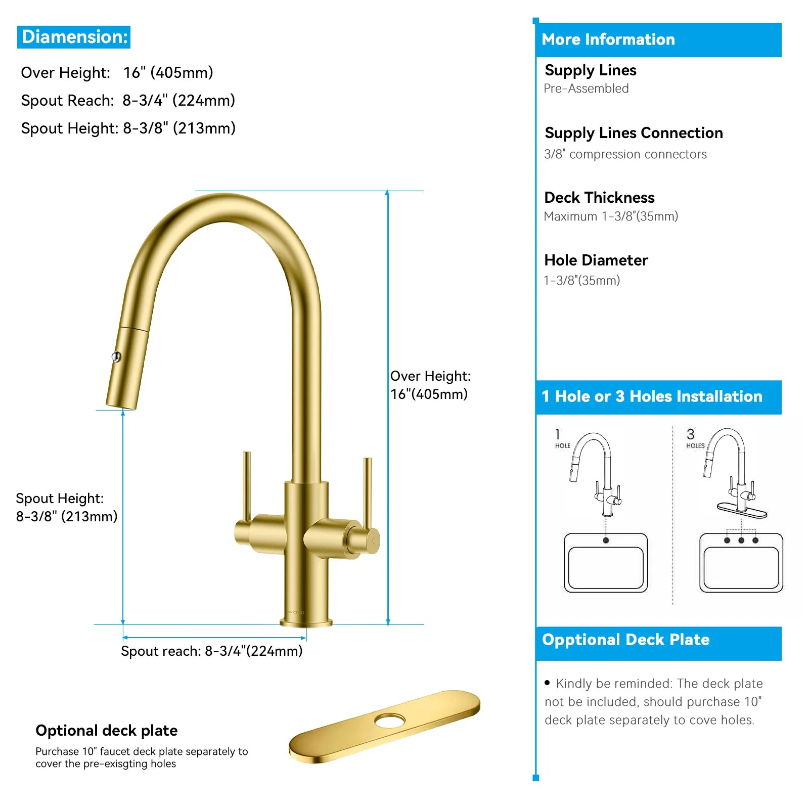 Solid Brass Dual-Handle Pull-Down Kitchen Faucet – Dual Function Spray – KFB2021