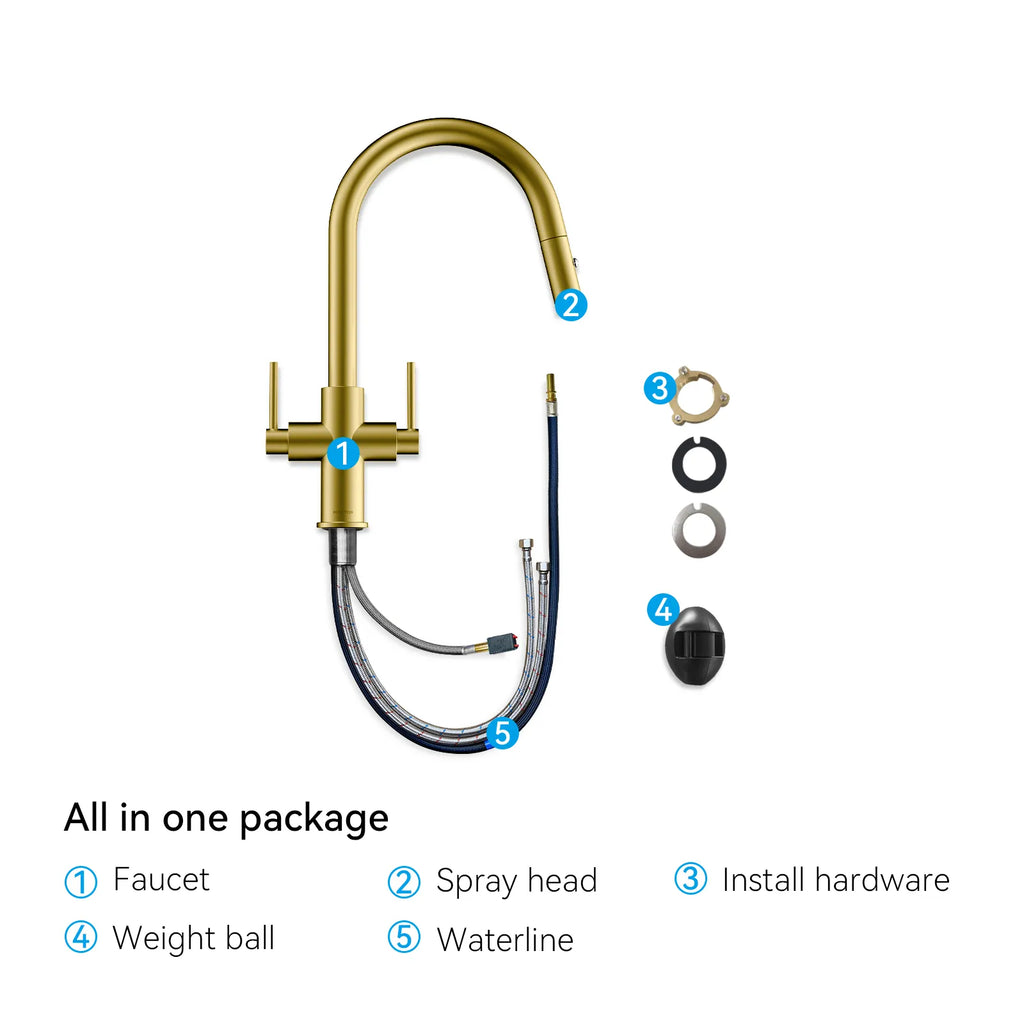 Solid Brass Dual-Handle Pull-Down Kitchen Faucet – Dual Function Spray – KFB2021