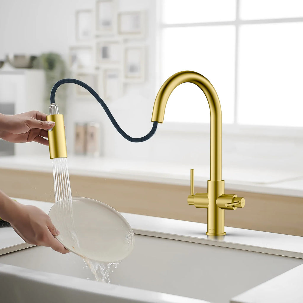 Solid Brass Dual-Handle Pull-Down Kitchen Faucet – Dual Function Spray – KFB2021
