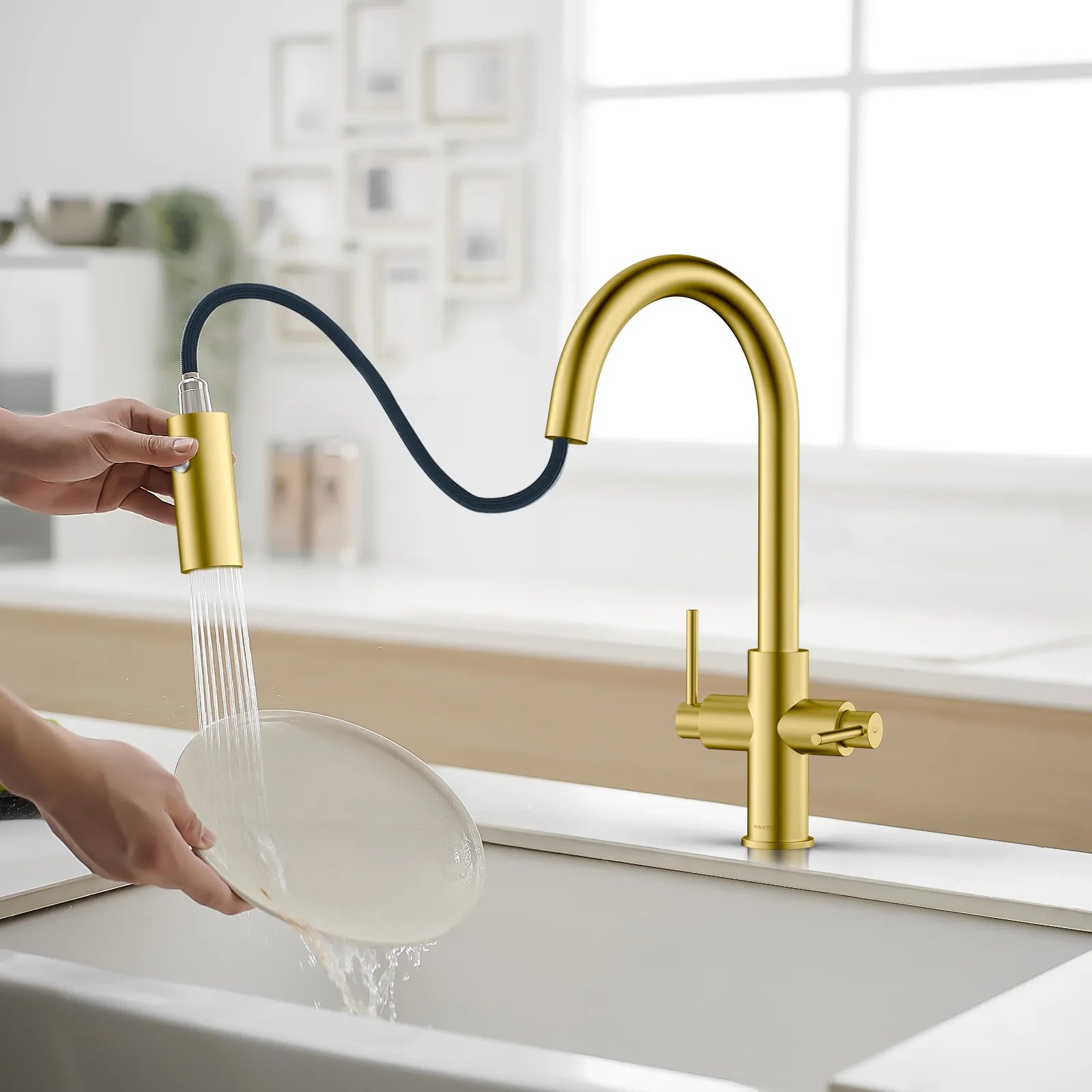Solid Brass Dual-Handle Pull-Down Kitchen Faucet – Dual Function Spray – KFB2021