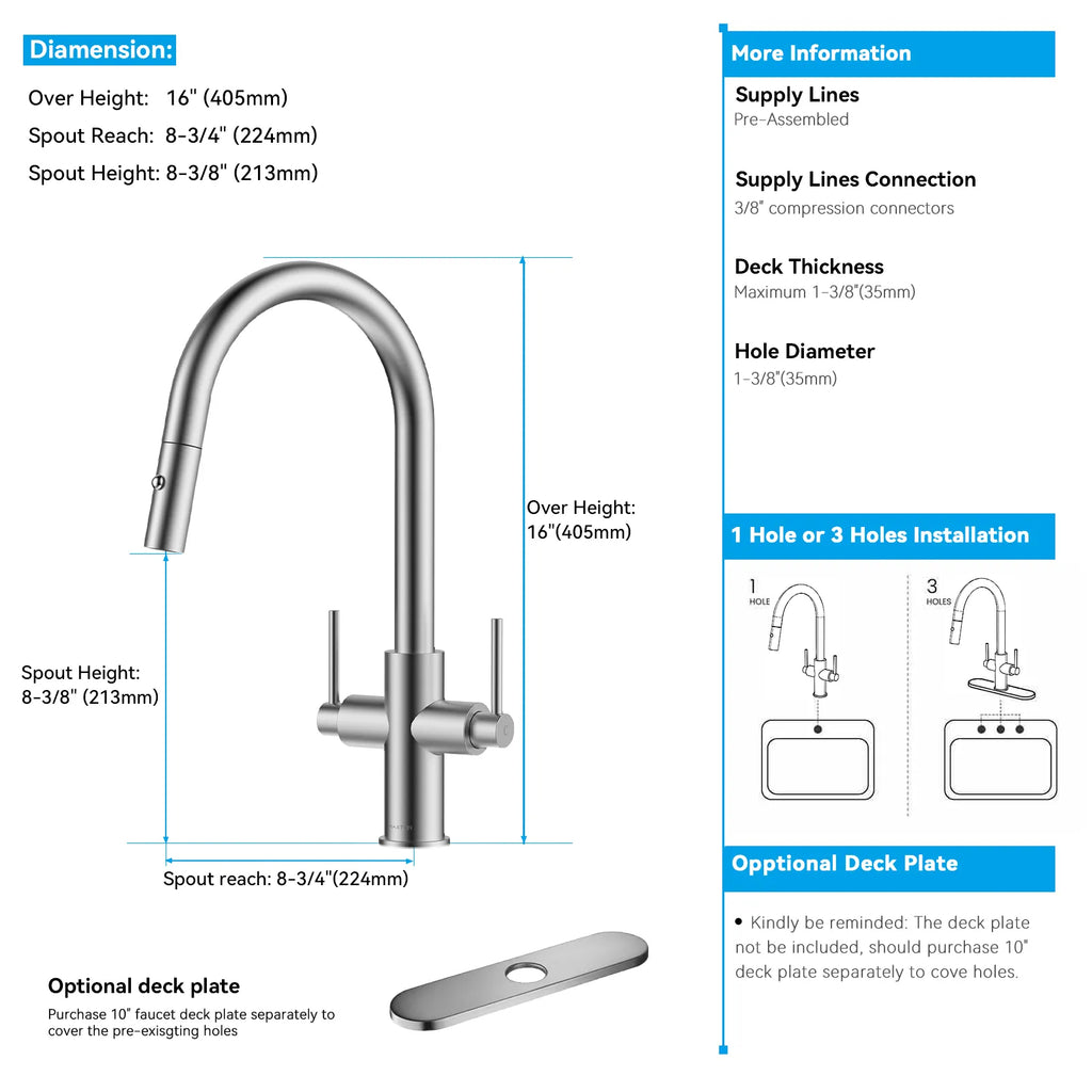 Solid Brass Dual-Handle Pull-Down Kitchen Faucet – Dual Function Spray – KFB2021