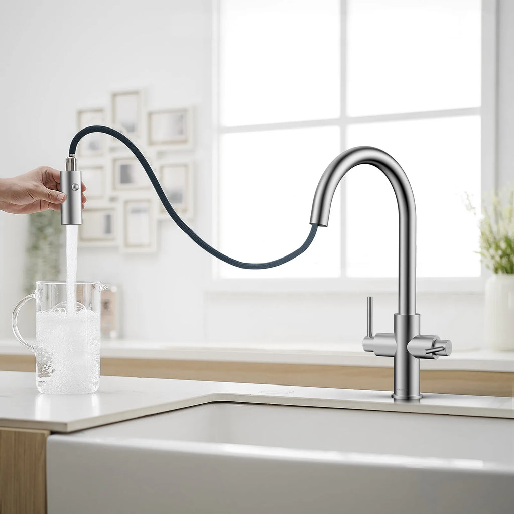 Solid Brass Dual-Handle Pull-Down Kitchen Faucet – Dual Function Spray – KFB2021