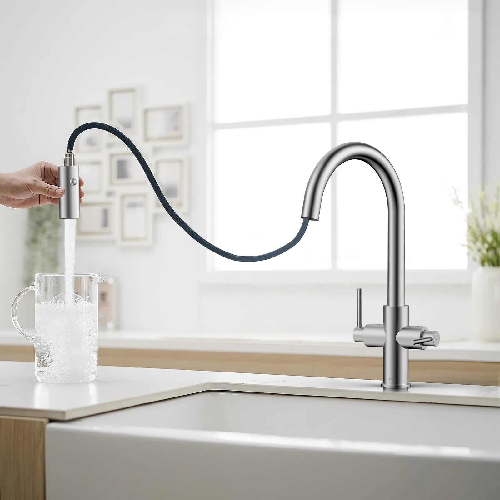Solid Brass Dual-Handle Pull-Down Kitchen Faucet – Dual Function Spray – KFB2021