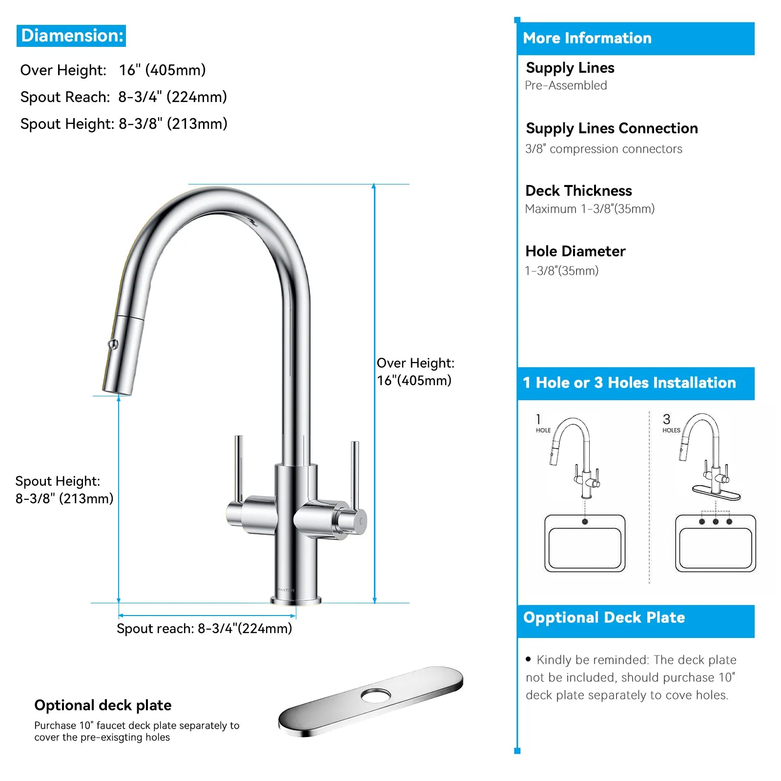 Solid Brass Dual-Handle Pull-Down Kitchen Faucet – Dual Function Spray – KFB2021