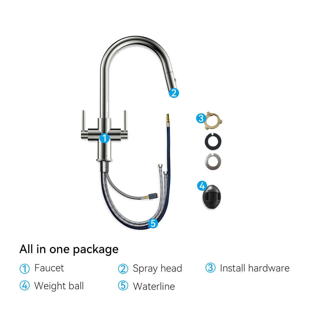 Solid Brass Dual-Handle Pull-Down Kitchen Faucet – Dual Function Spray – KFB2021