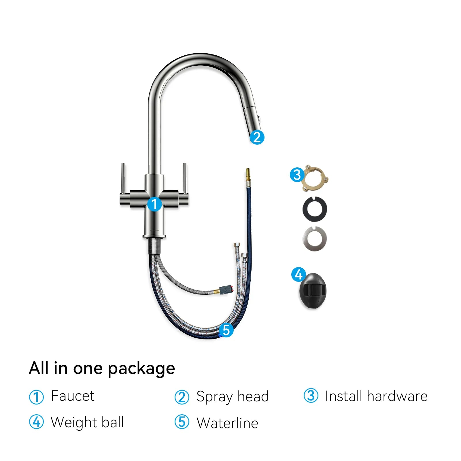 Solid Brass Dual-Handle Pull-Down Kitchen Faucet – Dual Function Spray – KFB2021