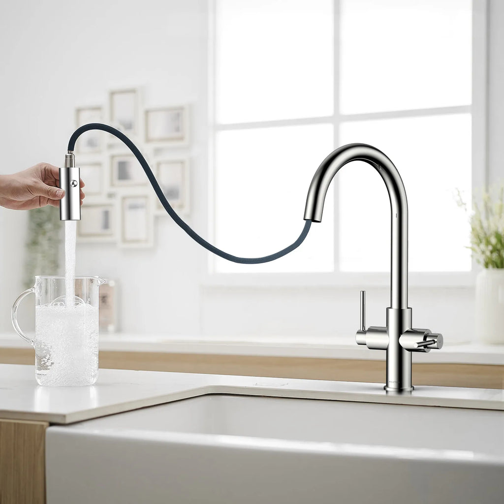 Solid Brass Dual-Handle Pull-Down Kitchen Faucet – Dual Function Spray – KFB2021