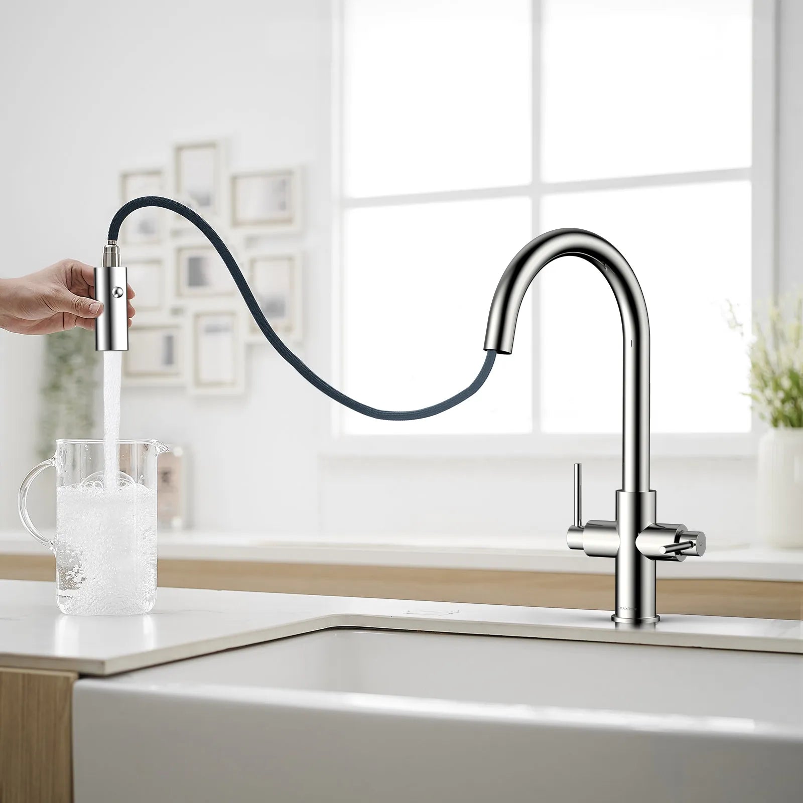 Solid Brass Dual-Handle Pull-Down Kitchen Faucet – Dual Function Spray – KFB2021