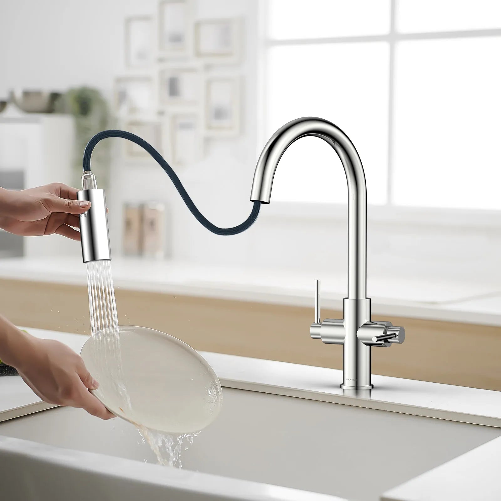 Solid Brass Dual-Handle Pull-Down Kitchen Faucet – Dual Function Spray – KFB2021
