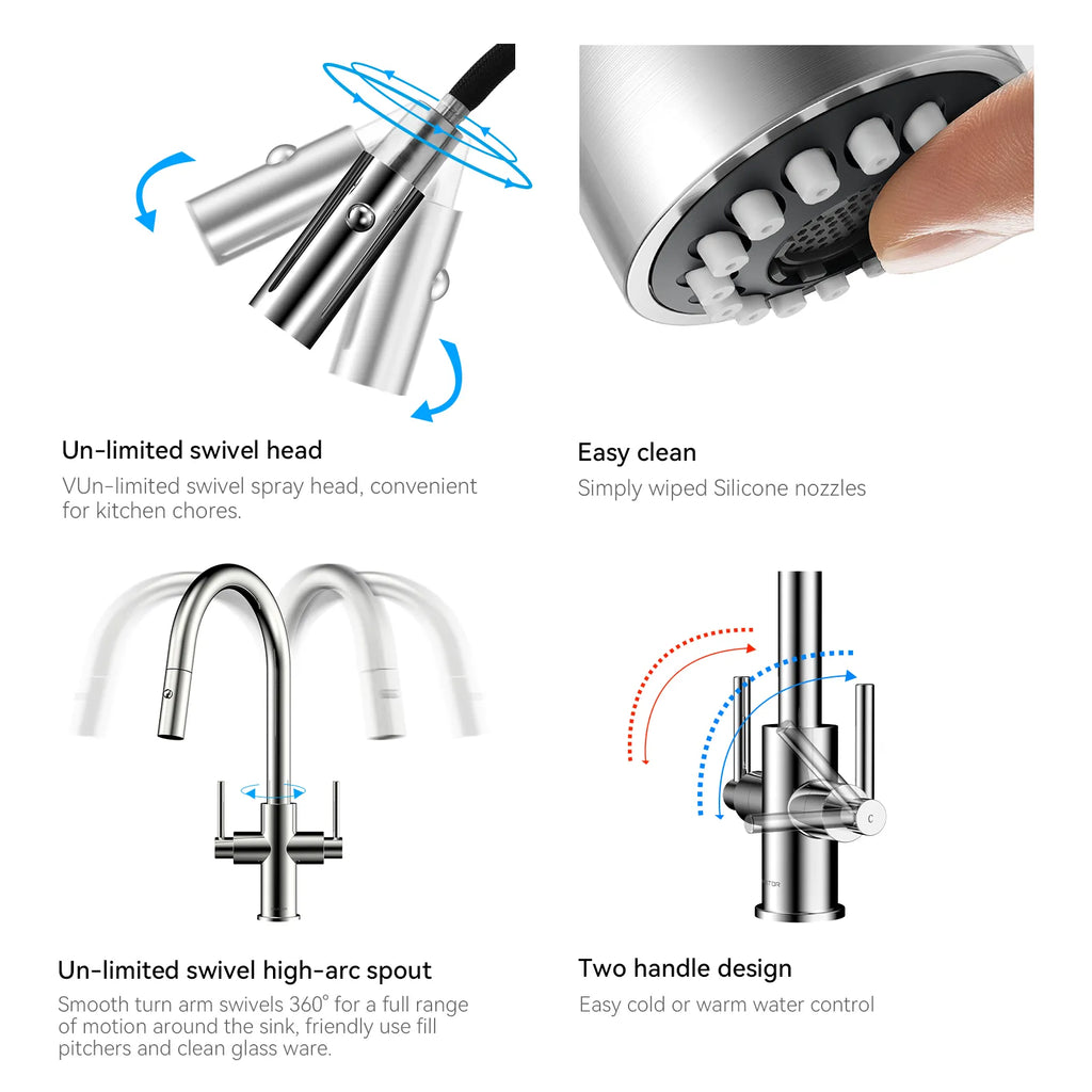 Solid Brass Dual-Handle Pull-Down Kitchen Faucet – Dual Function Spray – KFB2021