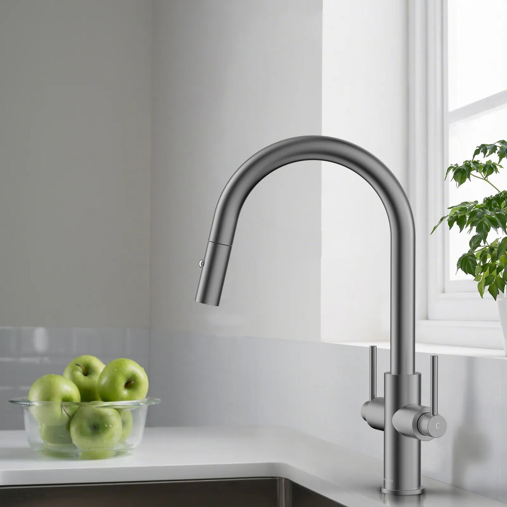 Solid Brass Dual-Handle Pull-Down Kitchen Faucet – Dual Function Spray – KFB2021