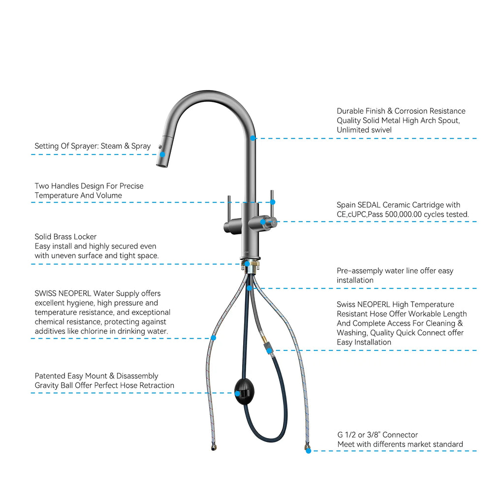 Solid Brass Dual-Handle Pull-Down Kitchen Faucet – Dual Function Spray – KFB2021