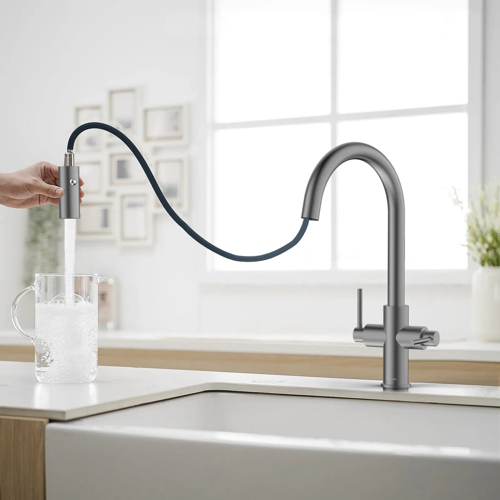 Solid Brass Dual-Handle Pull-Down Kitchen Faucet – Dual Function Spray – KFB2021