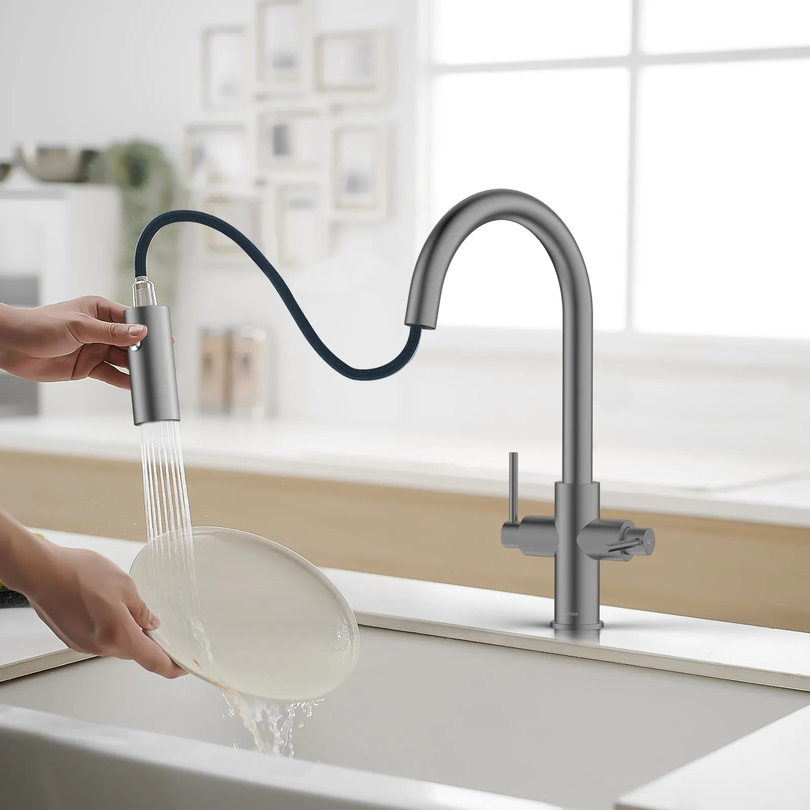 Solid Brass Dual-Handle Pull-Down Kitchen Faucet – Dual Function Spray – KFB2021
