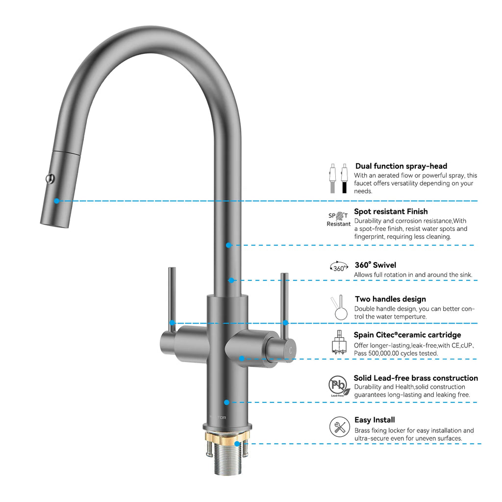 Solid Brass Dual-Handle Pull-Down Kitchen Faucet – Dual Function Spray – KFB2021