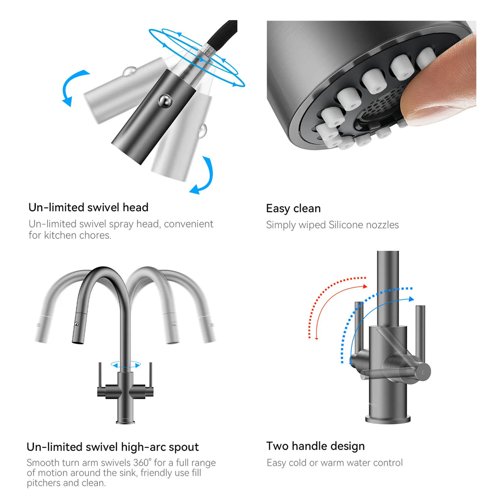 Solid Brass Dual-Handle Pull-Down Kitchen Faucet – Dual Function Spray – KFB2021