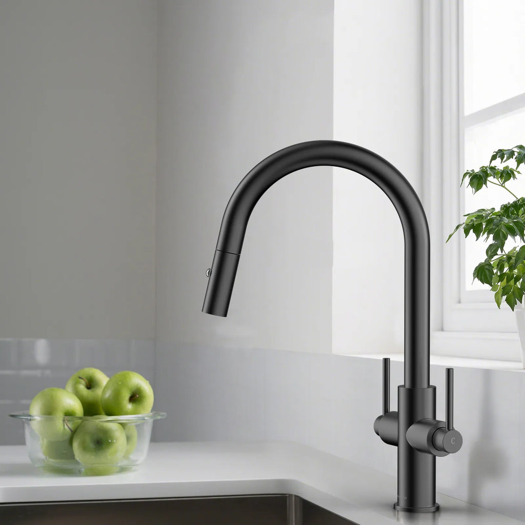 Solid Brass Dual-Handle Pull-Down Kitchen Faucet – Dual Function Spray – KFB2021